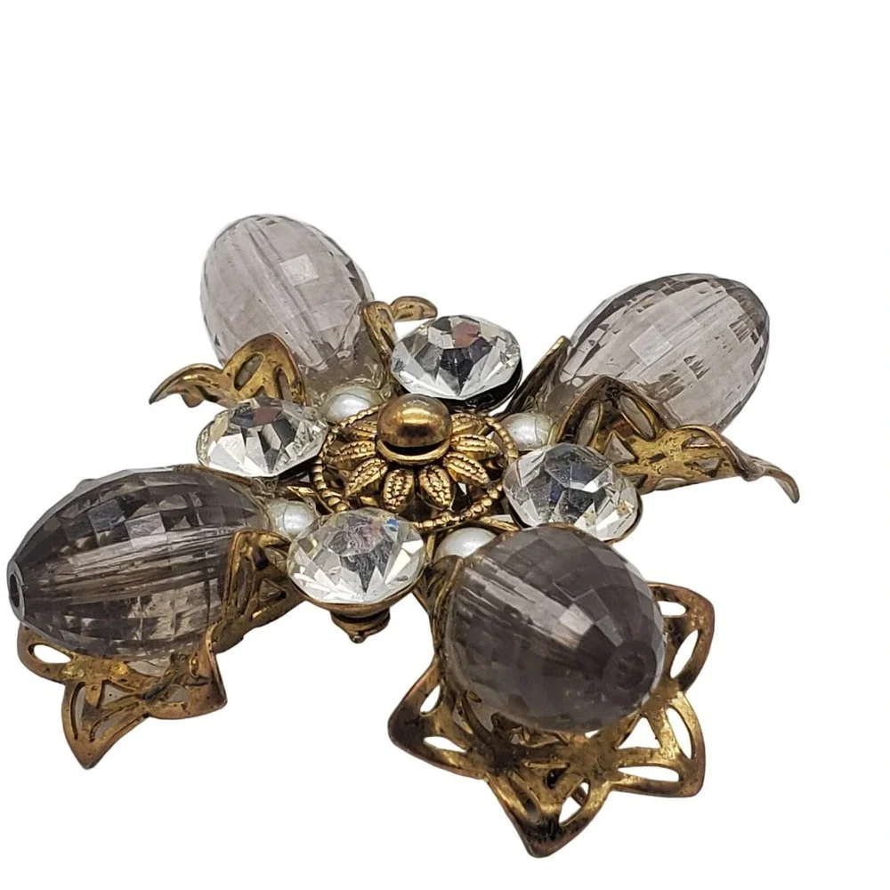Maltese Cross Brooch Smoke Acrylic Gothic Revival Pin Gold Tone Rhinestones Vtg
